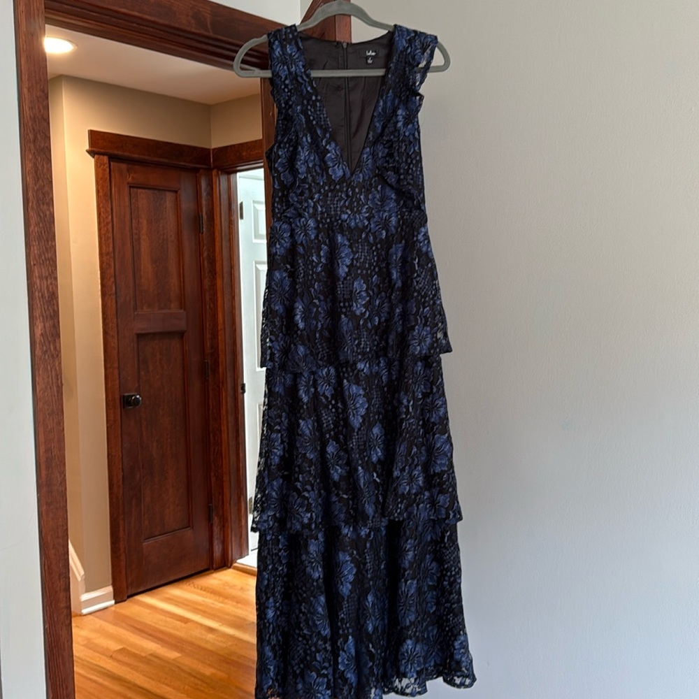 Lulus Navy Blue Jacquard Tiered Midi Dress